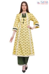 Cotton Yellow Printed Kurti Palazzo Dupatta Set