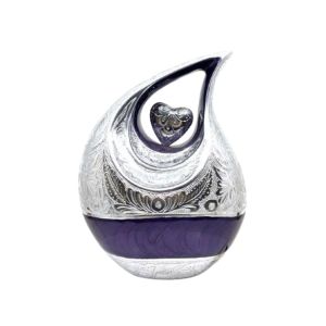 Handmade Embossing Memorials Engraved Urns Beautiful Purple & Silver Combinations Teardrop Heart Urn For Human Ashes