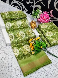 printed design light green cotton sarees