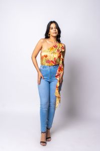 Ladies Floral Ruffle One Shoulder Top