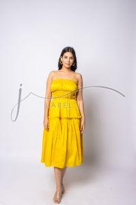 Laides Yellow Ruched Midi Dress