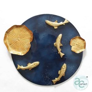 425 mm Marine Blue Gold Fish Hand Painted Wall Art Metal Plate