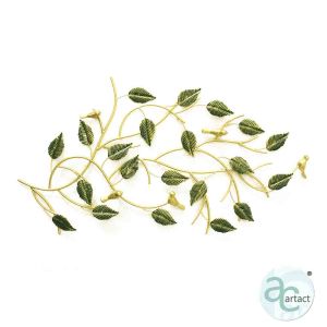 Gold With Glossy Green Leaves And Birds Branch Metal Wall Art