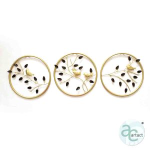 Golden Triple Circles With Birds And Leaves Wall Art Metal Ring