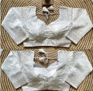 White Coloured Heavy Milan Silk Embroidered Blouse