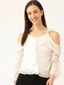 White Polyester Cold Shoulder Top