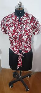 Ladies Red Printed Front Open Top with Knot