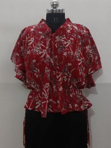 Ladies Red Printed Cotton Short Tops