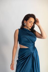 Teal Blue Drappy One-Shoulder Gown