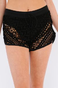 womens shorts: Black Hollow Out Lace Overlay Swim Shorts