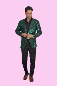 Bottle Green Elegance Sequins Blazer with Satin Lapel for Rental