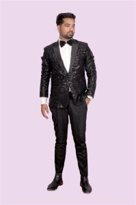 Edgy Elegance Zed Black Sequin Blazer with Satin Lapel for Rental