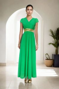 Enchanting Leaf Green Lycra Elegance Gown Rental for 4 Days