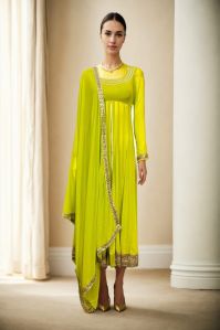 Green Georgette Anarkali with Silver Lace for Rental
