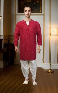 Hot Pink V-Neck Kurta with Self-Thread Work and Plastic Mirror Embellishments for Rental