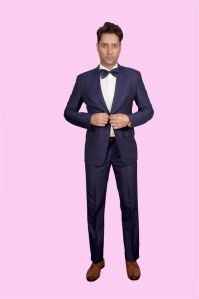 Ink Blue Suit in Suiting Fabric with Double Pocket and Bow Tie for Rental