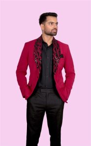Maroon Neoprene Blazer with Black Sequin Net Embroidered Lapel for Rental
