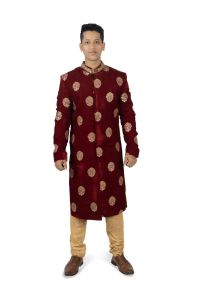 men regal attire maroon velvet splendor sherwani rental service