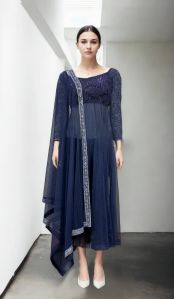 Navy Blue Anarkali Suit with Intricate Embroidery for Rental
