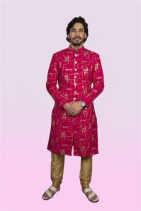 Rani Pink Sherwani with Floral and Geometric Embellishments for Rental