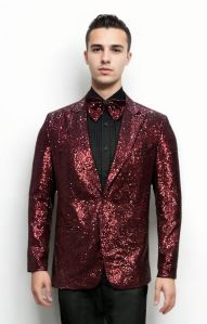Ravishing Maroon Sequin Coat Suit with Black Pant Combination for Rental