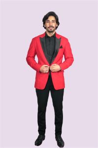 Ravishing Red Suit Red Coat with Black Satin Lapel Collar and Black Pant for Rental