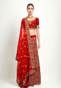 Red Raw Silk Kali Lehenga Set for Rental