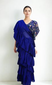 Royal Blue Saree with Frill Detail for Rental