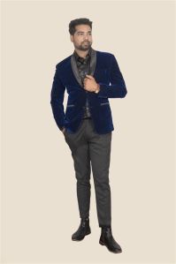 Royal Blue Velvet Blazer Suit with Black Satin Lapel for Rental