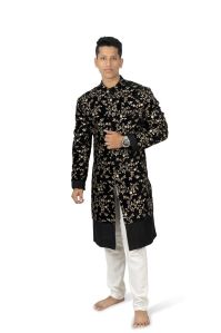 Sartorial Excellence Black Velvet Sherwani with Zari Sequin Embroidery for Rental