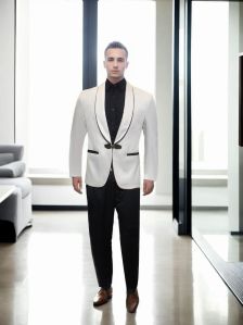 White Blazer with Shawl Collar and Black Satin Accents for Rental