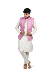 White Kurta with Pink Tucks and Bubble Gum Pink Nehru Jacket for Rental