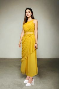 Yellow Gown with Georgette Pleated Front for Rental