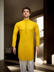 Yellow Standing Collar Kurta with Mirror Embellishments for Rental