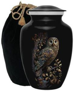 Black Owl Sitting White Flower Cremation Urns With Bag