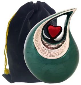 Green and Silver Emboss Cremation Urn With Velvet Bag