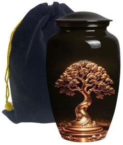 Handcrafted Golden Tree Design Cremation Urn with Velvet Bag