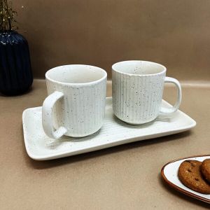 Classic White Ceramic Mugs with Tray Set