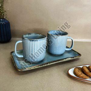 Icy Blu Ceramic Mugs with Tray Set