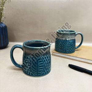 Teal Green Leaf Embossed Ceramic Mug Set