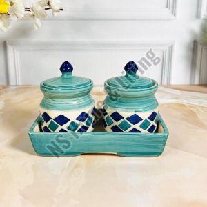 Turquoise Checkered Pickle Jar Set with Tray