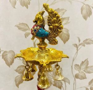 Beautiful Brass Peacock With Hanging Bells Diya