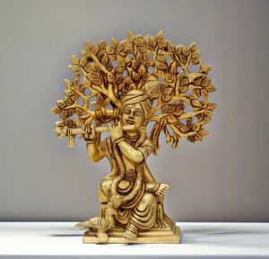 Brass Lord Krishna Sitting Under Tree Statue