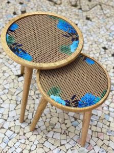 Floral Design Wood Side Table Pair