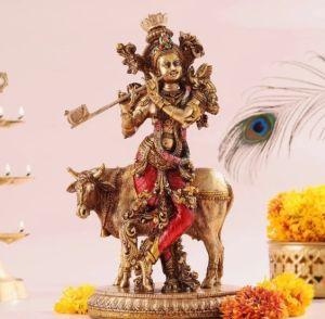Handcrafted Krishna & Cow Copper Finish Marble Dust Resin Idol