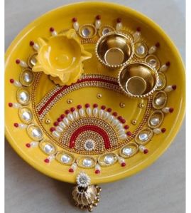 Handpainted Steel Colorful Pooja Thali Set – Yellow