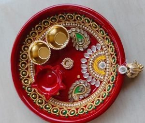 Handpainted Steel Colorful Pooja Thali Set – Red