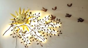 Metal Sun Tree Wall Decor With Birds And LED Lights