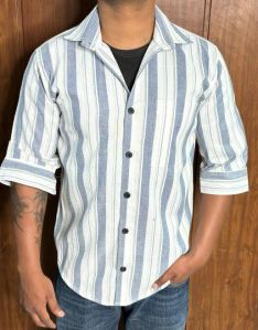 Mens Half Sleeve White & Blue Striped Shirt