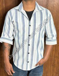 Mens Half Sleeve White & Blue Striped Shirt
